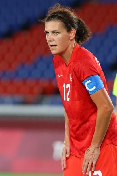 Christine Sinclair of Team Canada looks on in the first half during the women's football gold medal match between Canada and Sweden on day fourteen...