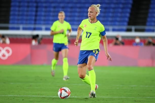 Caroline Seger of Team Sweden controls the ball in the first half during the women's football gold medal match between Canada and Sweden on day...