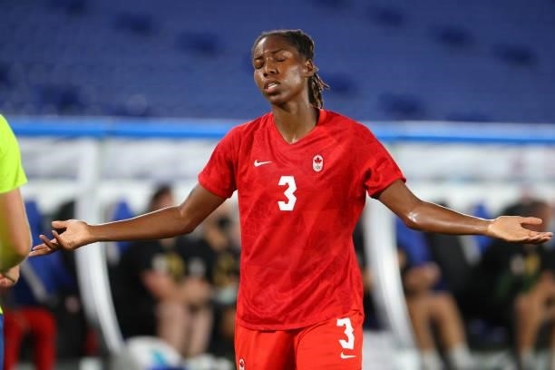 Kadeisha Buchanan of Team Canada reacts in the first half during the women's football gold medal match between Canada and Sweden on day fourteen of...