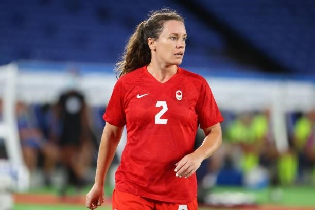 Allysha Chapman of Team Canada looks on in the first half during the women's football gold medal match between Canada and Sweden on day fourteen of...