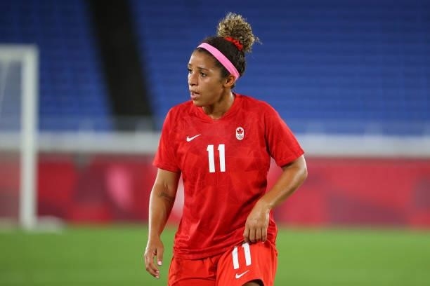 Desiree Scott of Team Canada reacts in the first half during the women's football gold medal match between Canada and Sweden on day fourteen of the...