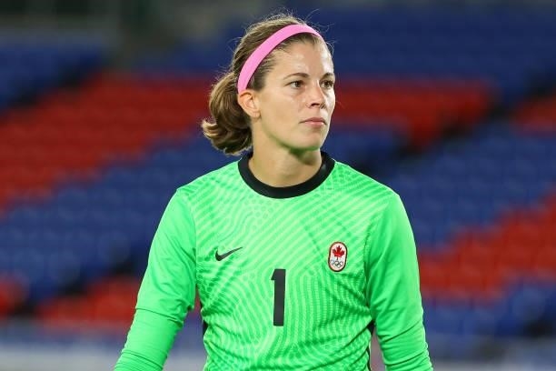 Stephanie Labbe of Team Canada looks on during the first half during the women's football gold medal match between Canada and Sweden on day fourteen...