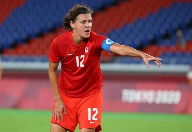 Christine Sinclair of Team Canada reacts in the first half during the women's football gold medal match between Canada and Sweden on day fourteen of...