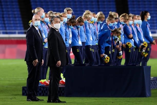 President Gianni Infantino and JFA president Tajima Kozo attend the award ceremony of the Olympic women's football gold medal match between Sweden...