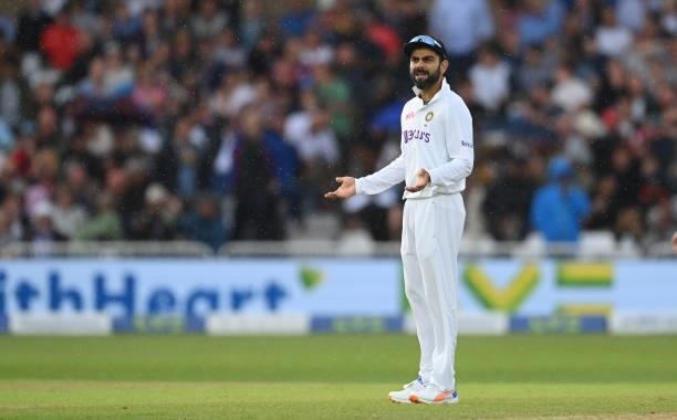 Virat Kohli of India reacts as players are taken off for rain during the third day of the 1st LV= Test match between England and India at Trent...