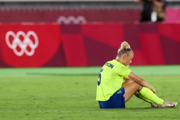 Hanna Bennison of Sweden show her dejection after the penalty shout out of the Olympic women's football gold medal match between Sweden and Canada at...