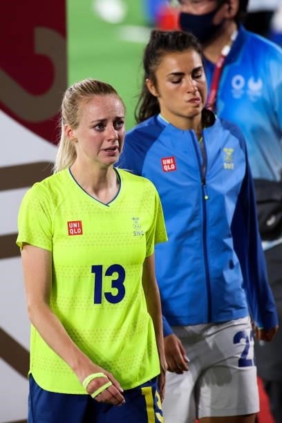 Amanda Ilestedt of Sweden show her dejection after the penalty shout out of the Olympic women's football gold medal match between Sweden and Canada...