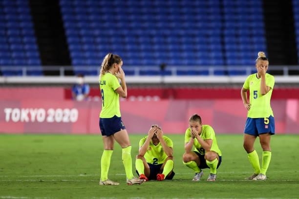 Kosovare Asllani, Jonna Andersson, Anna Anvegard, Hanna Bennison of Sweden show their dejection after the penalty shoot out of the Olympic women's...