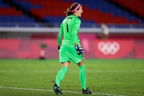 Stephanie Labbe of Canada cheer during the penalty shot out of the Olympic women's football gold medal match between Sweden and Canada at...