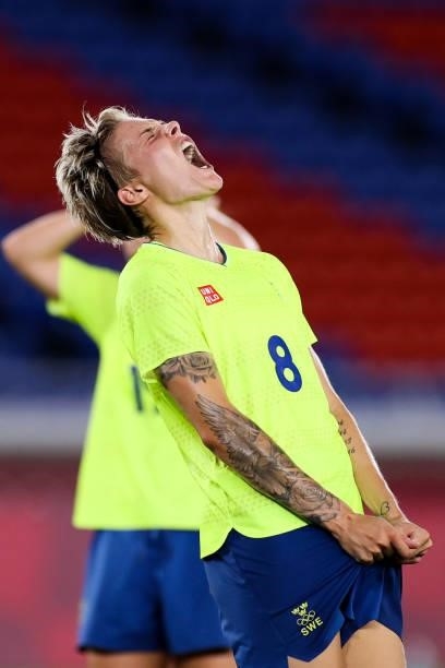 Lina Hurtig of Sweden miss a chance during the Olympic women's football gold medal match between Sweden and Canada at International Stadium Yokohama...
