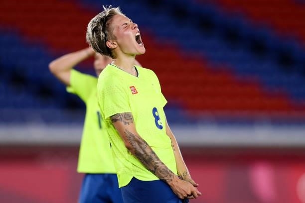 Lina Hurtig of Sweden miss a chance during the Olympic women's football gold medal match between Sweden and Canada at International Stadium Yokohama...