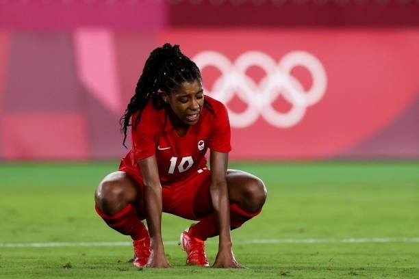 Ashley Lawrence of Canada miss a chance during the Olympic women's football gold medal match between Sweden and Canada at International Stadium...