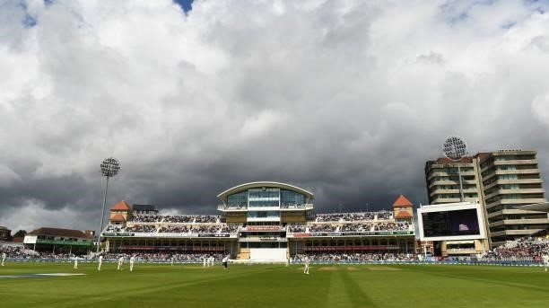 Clouds over the ground during the third day of the 1st LV= Test match between England and India at Trent Bridge on August 06, 2021 in Nottingham,...