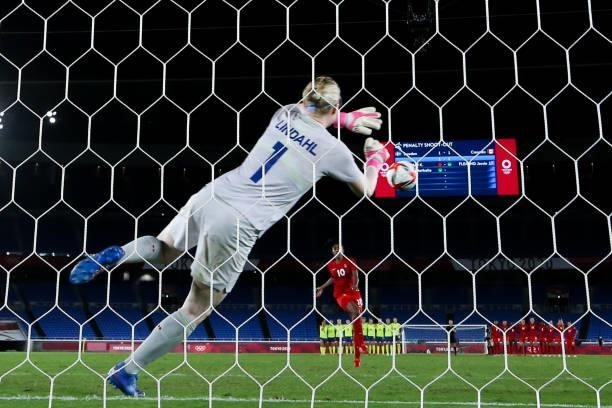 Hedvig Lindahl of Sweden in action during the penalty shot out of the Olympic women's football gold medal match between Sweden and Canada at...