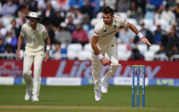 England bowler James Anderson in action during day three of the First Test Match between England and India at Trent Bridge on August 06, 2021 in...
