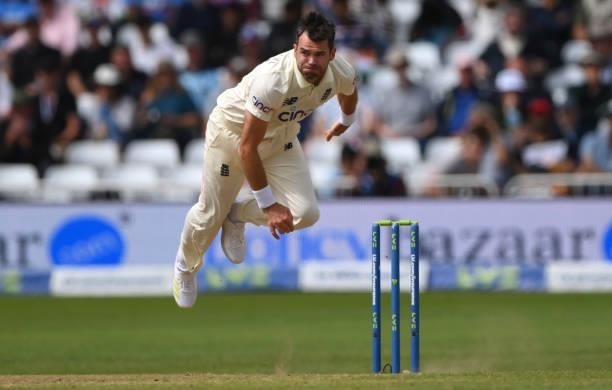 England bowler James Anderson in bowling action during day three of the First Test Match between England and India at Trent Bridge on August 06, 2021...