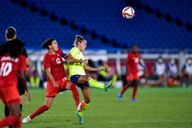 Christine Sinclair of Canada and Filippa Angeldal of Sweden during the Tokyo 2020 Olympic Women's Football Tournament Gold Medal match between Sweden...