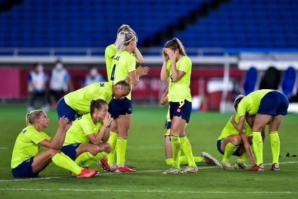 Kosovare Asllani of Sweden looks dejected during the Tokyo 2020 Olympic Women's Football Tournament Gold Medal match between Sweden and Canada at...