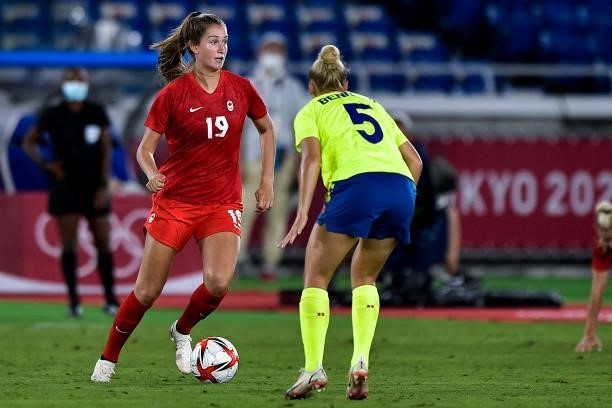 Jordyn Huitema of Canada and Hanna Bennison of Sweden during the Tokyo 2020 Olympic Women's Football Tournament Gold Medal match between Sweden and...
