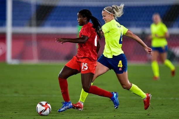 Nichelle Prince of Canada and Hanna Glas of Sweden during the Tokyo 2020 Olympic Women's Football Tournament Gold Medal match between Sweden and...