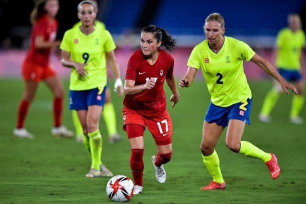 Jessie Fleming of Canada and Jonna Andersson of Sweden during the Tokyo 2020 Olympic Women's Football Tournament Gold Medal match between Sweden and...