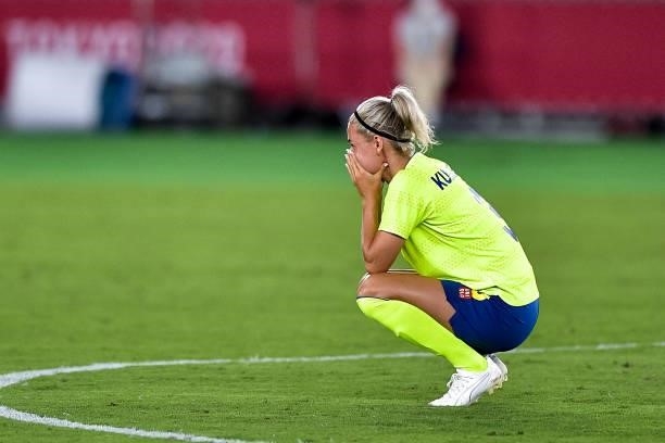 Emma Kullberg of Sweden looks dejected during the Tokyo 2020 Olympic Women's Football Tournament Gold Medal match between Sweden and Canada at...