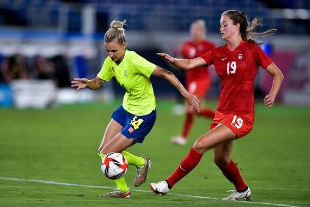 Nathalie Bjorn of Sweden and Jordyn Huitema of Canada during the Tokyo 2020 Olympic Women's Football Tournament Gold Medal match between Sweden and...