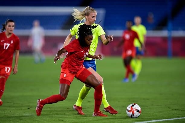 Ashley Lawrence of Canada and Sofia Jakobsson of Sweden during the Tokyo 2020 Olympic Women's Football Tournament Gold Medal match between Sweden and...