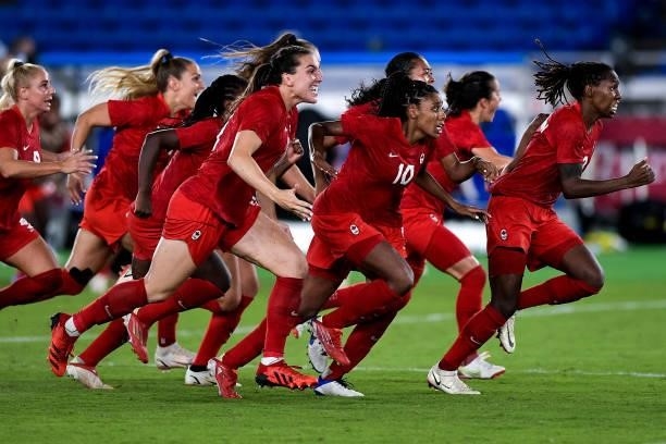 Ashley Lawrence of Canada and Kadeisha Buchanan of Canada during the Tokyo 2020 Olympic Womens Football Tournament Gold Medal match between Sweden...