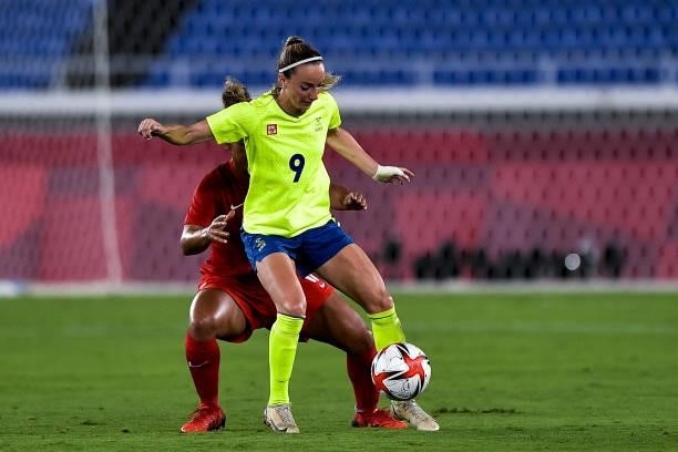Desiree Scott of Canada and Kosovare Asllani of Sweden during the Tokyo 2020 Olympic Womens Football Tournament Gold Medal match between Sweden and...