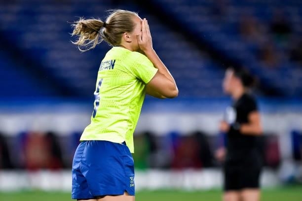 Magdalena Eriksson of Sweden reacts during the Tokyo 2020 Olympic Womens Football Tournament Gold Medal match between Sweden and Canada at...