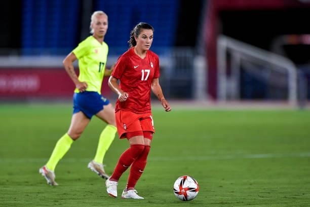 Jessie Fleming of Canada during the Tokyo 2020 Olympic Womens Football Tournament Gold Medal match between Sweden and Canada at International Stadium...