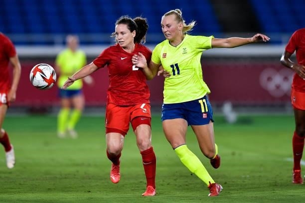 Jonna Andersson of Sweden and Stina Blackstenius of Sweden during the Tokyo 2020 Olympic Womens Football Tournament Gold Medal match between Sweden...