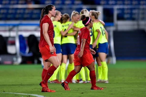 Desiree Scott of Canada looks dejected after conceding her sides first goal during the Tokyo 2020 Olympic Womens Football Tournament Gold Medal match...