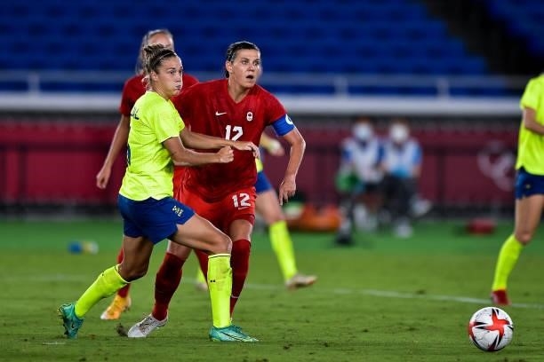 Filippa Angeldal of Sweden and Christine Sinclair of Canada during the Tokyo 2020 Olympic Womens Football Tournament Gold Medal match between Sweden...