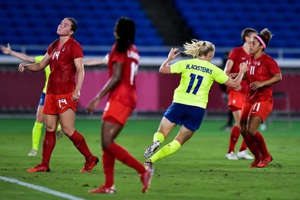 Stina Blackstenius of Sweden celebrates after scoring her sides first goal during the Tokyo 2020 Olympic Womens Football Tournament Gold Medal match...