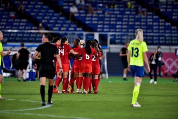 Jessie Fleming of Canada celebrates after scoring her sides first goal with her team mates during the Tokyo 2020 Olympic Womens Football Tournament...