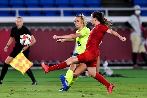 Fridolina Rolfo of Sweden and Allysha Chapman of Canada during the Tokyo 2020 Olympic Womens Football Tournament Gold Medal match between Sweden and...
