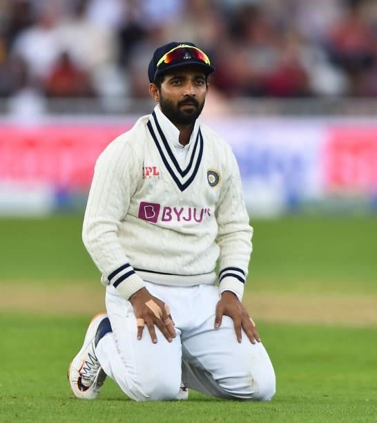 Ajinkya Rahane of India looks on during day three of the First Test Match between England and India at Trent Bridge on August 06, 2021 in Nottingham,...