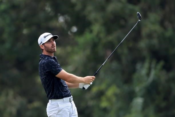 Matthew Wolff plays his shot from the ninth tee during the second round of the FedEx St. Jude Invitational at TPC Southwind on August 06, 2021 in...