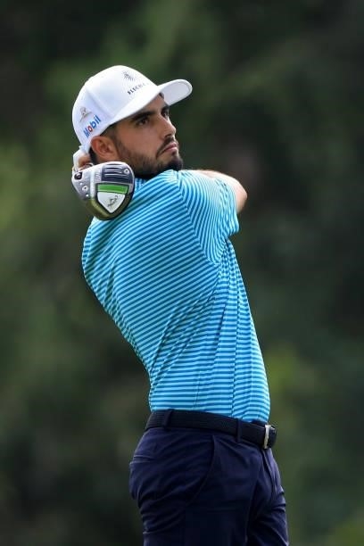 Abraham Ancer of Mexico plays his shot from the ninth tee during the second round of the FedEx St. Jude Invitational at TPC Southwind on August 06,...