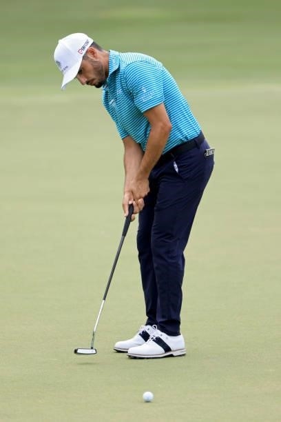 Abraham Ancer of Mexico putts on the seventh green during the second round of the FedEx St. Jude Invitational at TPC Southwind on August 06, 2021 in...