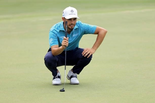Abraham Ancer of Mexico lines up a putt on the seventh green during the second round of the FedEx St. Jude Invitational at TPC Southwind on August...