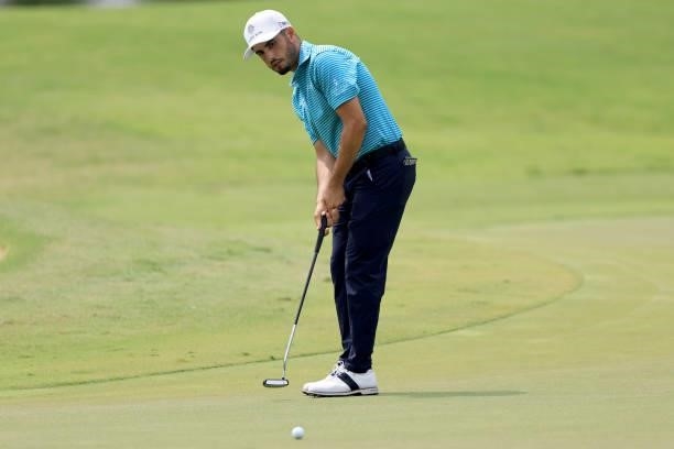 Abraham Ancer of Mexico putts on the sixth green during the second round of the FedEx St. Jude Invitational at TPC Southwind on August 06, 2021 in...