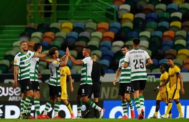 Pedro Goncalves of Sporting CP celebrates with teammates after score a goal for his team during the Liga Bwin match between Sporting CP and FC Vizela...