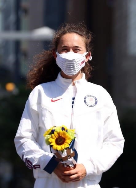 Bronze medalist Molly Seidel of Team United States poses for a photo during the flower ceremony for the Women's Marathon Final on day fifteen of the...