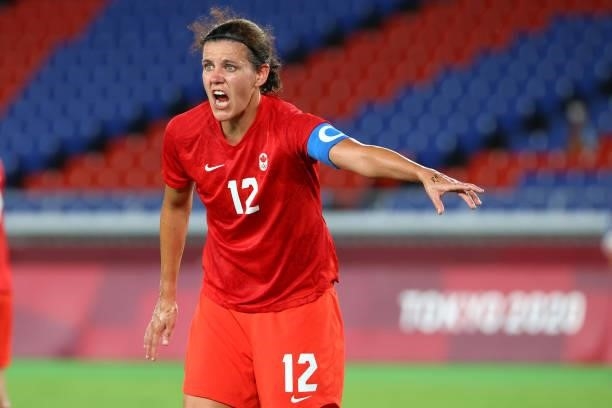 Christine Sinclair of Team Canada reacts in the first half during the women's football gold medal match between Canada and Sweden on day fourteen of...