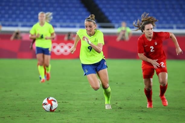 Kosovare Asllani of Team Sweden chases the ball in the first half during the women's football gold medal match between Canada and Sweden on day...