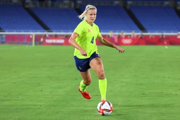 Hanna Glas of Team Sweden controls the ball in the first half during the women's football gold medal match between Canada and Sweden on day fourteen...