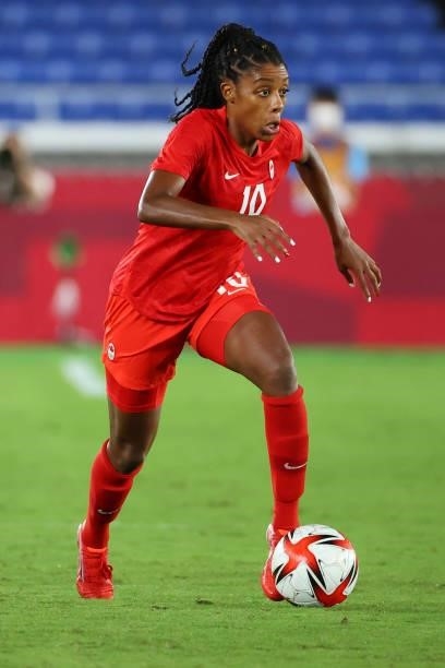 Ashley Lawrence of Team Canada controls the ball in the second half against Team Sweden during the women's football gold medal match between Canada...